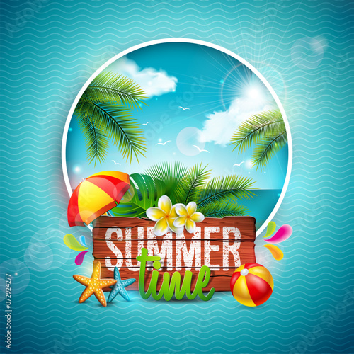 Summer Holiday Design with Flower, Tropical Palm Leaves and Air Balloon on Ocean Landscape Background. Vector Vacation Illustration with Typography Letter on Vintage Wood Board for Banner, Flyer