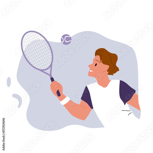 Boy playing tennis. Portrait of male young player catching ball with racket to hit and play on tennis court, tournament game action and exercise of sportsman character cartoon vector illustration
