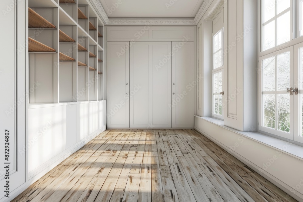 White empty room with wooden floor and shelves. White empty room with wooden floor and shelves.