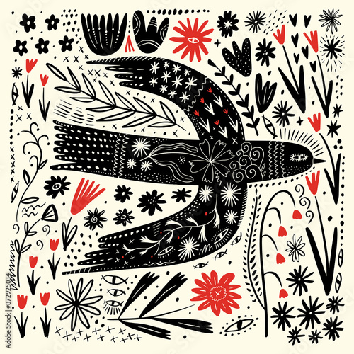 Mystical mythology bird and flowers frame, set of vector ornate design elements. Abstract bird decor apparel branding in hand-drawn folk rustic patterned minimal style, good for hand crafted local