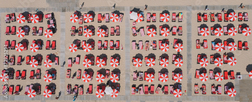 Red Umbrellas In the Beach Aerial