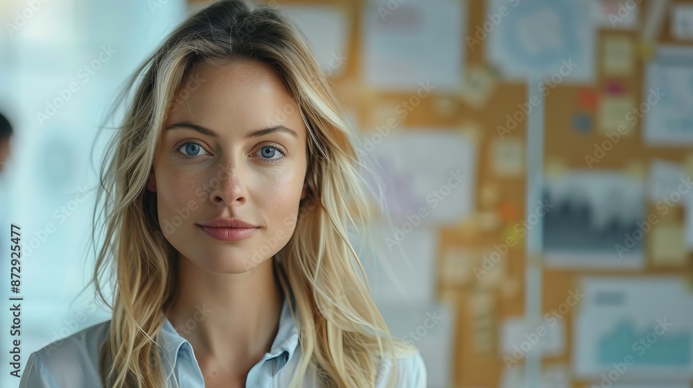 Blonde businesswoman presentation in white board strategy, people blurred in background Blonde businesswoman presentation in white board strategy, people blurred in background