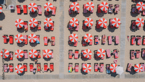 Red Umbrellas In the Beach Aerial