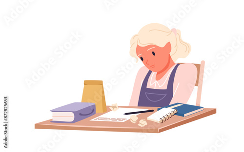 Young sad student with education problem, learning difficulty. Lazy or bored girl feeling tiredness doing school homework, scene with pupil trying to write essay at table cartoon vector illustration