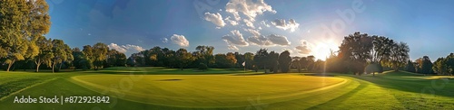 Sunset Over a Golf Course Green in a Picturesque Setting