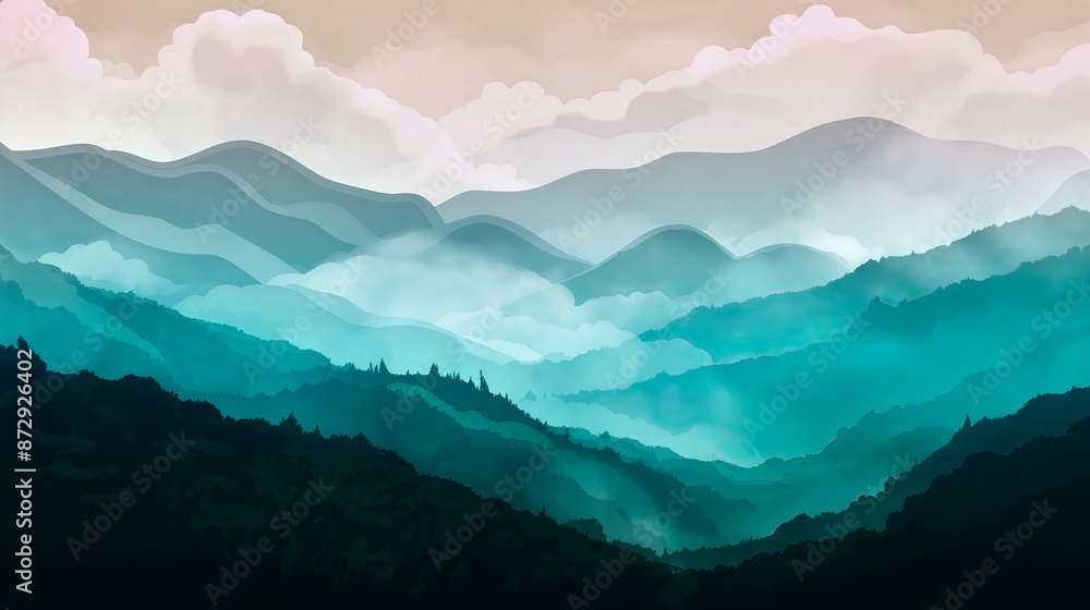Fototapeta premium Mountain landscape with mist ideal digital background banner for websites and social media
