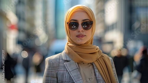 Executive woman, hijab businesswoman walking on busy city center street, sunglasses