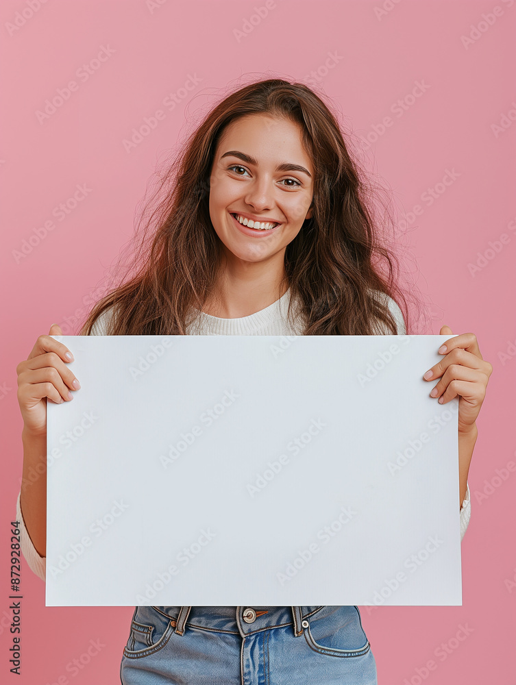 A cheerful woman smiling and holding a blank sign in a studio setting, perfect for messages or advertisements, Copy Space A cheerful woman smiling and holding a blank sign in a studio setting, perfect for messages or advertisements, Copy Space