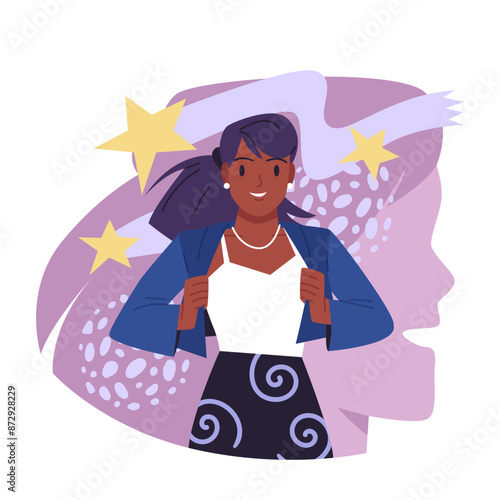 Positive optimistic thinking, behavior and extrovert personality type. Happy woman among golden stars and sparks of fun feelings and laugh, purple human head silhouette cartoon vector illustration