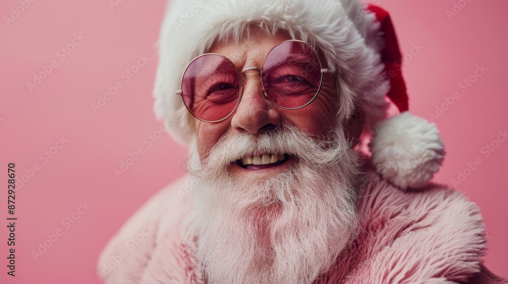 Obraz premium Glamorous Santa Claus in pink clothes and sunglasses laughing joyfully on pink Christmas background. St Nicholas Day, Sinterklaas