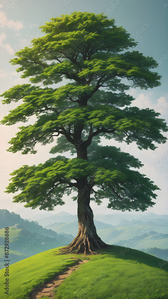 Naklejka premium single tree on grass hill