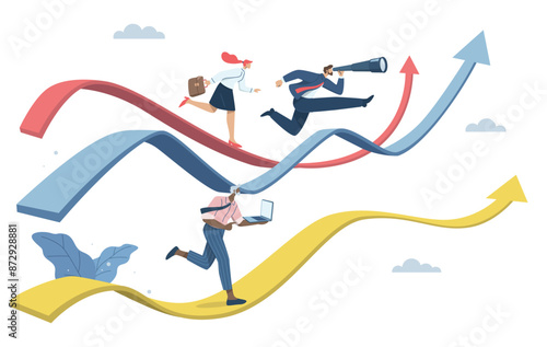 Business competition concept, Competition between business competitors, Skill competition or attempt to succeed in a career or work, Businessman running on arrows that go up and down.