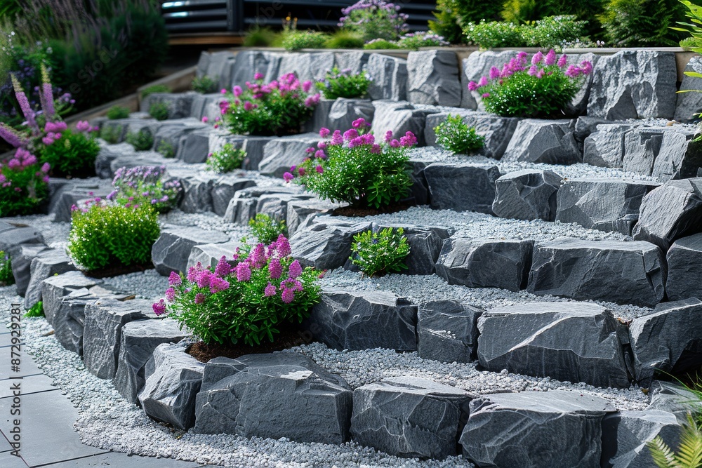 Gray Stone Steps With Pink Flowers in a Garden Landscape Gray Stone Steps With Pink Flowers in a Garden Landscape