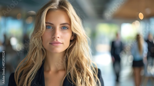 Wallpaper Mural leader blonde businesswoman in suit with blured team people in office Torontodigital.ca