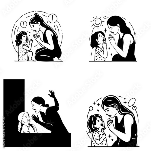 Angry mother abuser screams and scolds her young daughter. Vector set of contour silhouette sketches with emotions of people