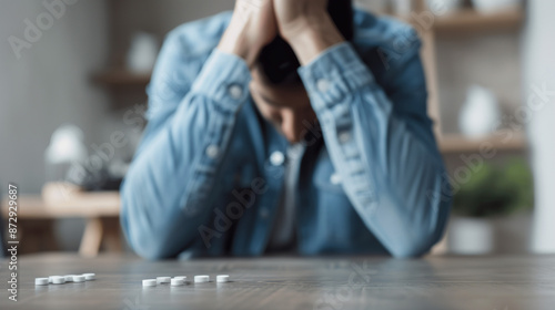 Despairing man with tablets or pills on a table in front of him. Concept for opiate addiction, suicide prevention or other mental or physical medical health issues.