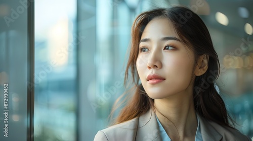 Korean businesswoman looking in window office building, thinking expression