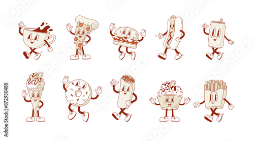 Set of retro cartoon fast food and drink character. Vintage pizza, hot dog, burger, ice crean, kebab, coffee cup, french fries donut, beer can mascot. Nostalgia 90s, 70s, 80s Vector illustration. 