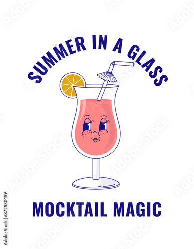 Retro cartoon cherry mocktail character vector illustration. Vintage healthy non-alcoholic drink mascot. Alcohol-free cocktail. Nostalgia 90s, 70s, 80s party poster.