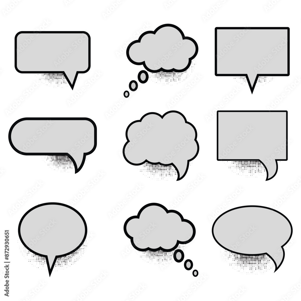 Speech bubble set. Talk bubble. Retro empty comic speech bubbles set with black halftone shadows. Speak bubble text, message box, set of comic speech balloons on white background. Vector illustration. Speech bubble set. Talk bubble. Retro empty comic speech bubbles set with black halftone shadows. Speak bubble text, message box, set of comic speech balloons on white background. Vector illustration.