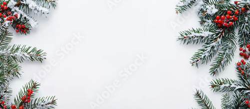 Fondo navideño con ramas de pino cubiertas de nieve, conos de bosque y frutos rojos sobre blanco, espacio para texto. Vista superior plana de la decoración del borde del árbol de Navidad