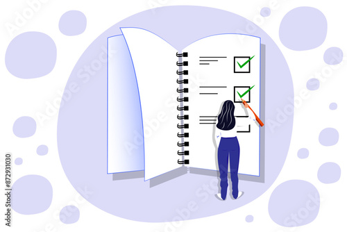 Vector illustration in cartoon style. Concept of woman holding todo, to-do list or checklist with checking of compete tasks. Checkboxes in test document, questionnaire survey form, control list.
