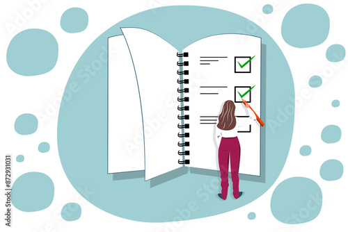 Vector illustration in cartoon style. Concept of woman holding todo, to-do list or checklist with checking of compete tasks. Checkboxes in test document, questionnaire survey form, control list.
