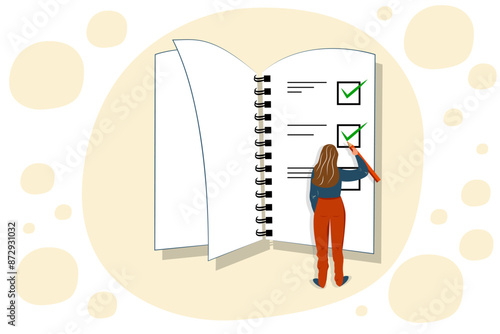 Vector illustration in cartoon style. Concept of woman holding todo, to-do list or checklist with checking of compete tasks. Checkboxes in test document, questionnaire survey form, control list.