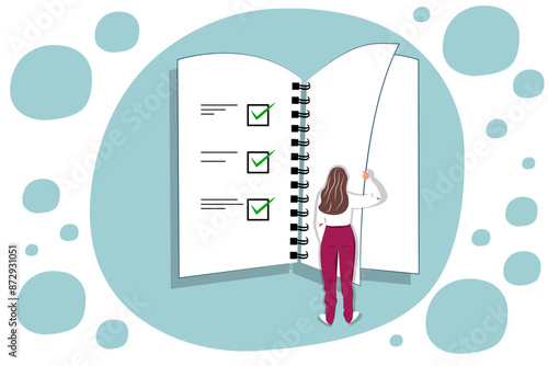 Vector illustration in cartoon style. Concept of woman holding todo, to-do list or checklist with checking of compete tasks. Checkboxes in test document, questionnaire survey form, control list.