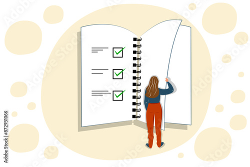 Vector illustration in cartoon style. Concept of woman holding todo, to-do list or checklist with checking of compete tasks. Checkboxes in test document, questionnaire survey form, control list.