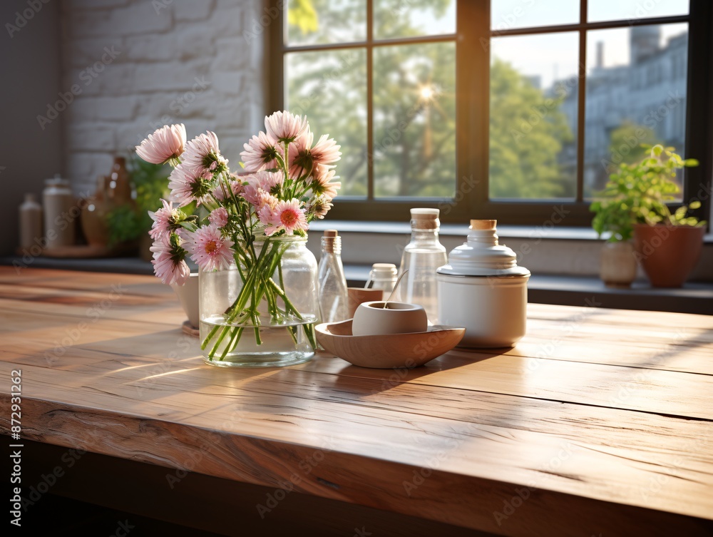 A vibrant bouquet of colorful flowers in a glass vase adorns a rustic wooden kitchen counter. A vibrant bouquet of colorful flowers in a glass vase adorns a rustic wooden kitchen counter.