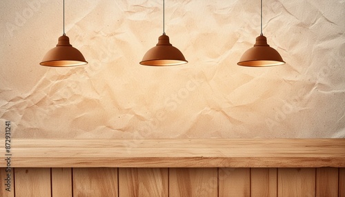 A rustic wooden bar counter with hanging pendant lights. photo