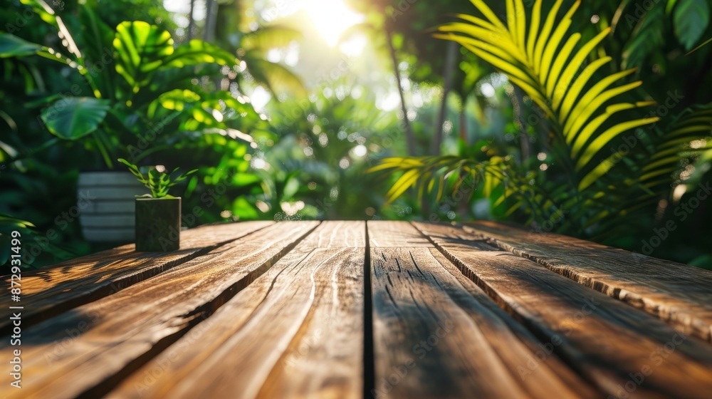 A weathered wooden table sits amidst a lush green jungle, its surface dappled with sunlight filtering through the dense canopy above. A weathered wooden table sits amidst a lush green jungle, its surface dappled with sunlight filtering through the dense canopy above.