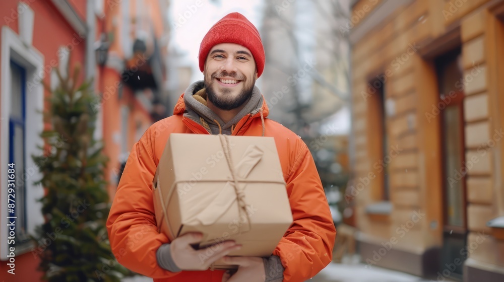 Happy courier with parcel outdoors, space for text Happy courier with parcel outdoors, space for text