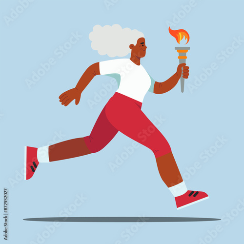 Athletic elderly african american woman running with a flaming torch. Female torchbearer at an international sports event. Vector illustration