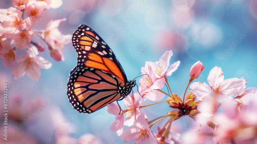Monarch Butterfly on a Cherry Blossom Branch Monarch Butterfly on a Cherry Blossom Branch