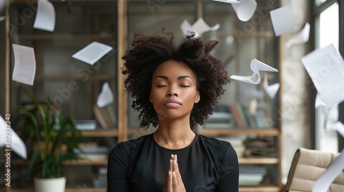 Corporate black woman in meditation at office, sitting in desk, with paper flaying around