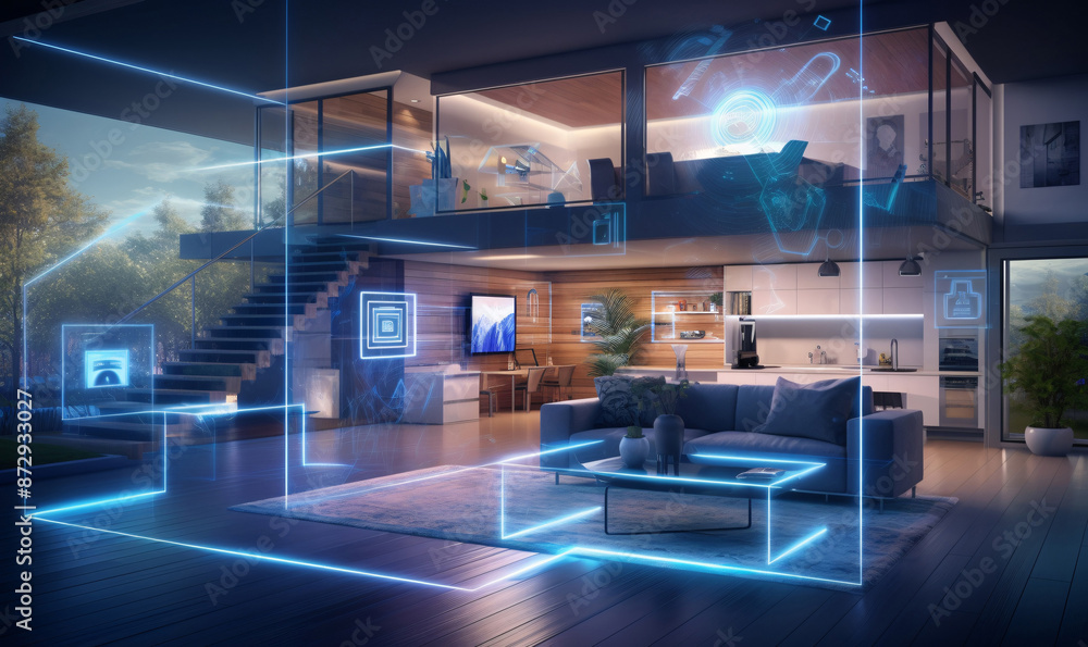 Futuristic virtual screen HUD above digital hologram system. Assistant technology for smart devices. Future smart home concept. Futuristic virtual screen HUD above digital hologram system. Assistant technology for smart devices. Future smart home concept.