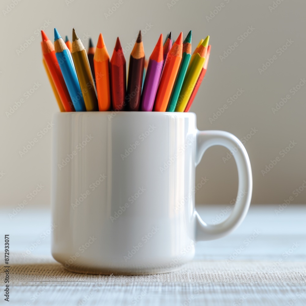 a photo of a plain white mug with colourful pens sticking out, placed on a plain white table a photo of a plain white mug with colourful pens sticking out, placed on a plain white table