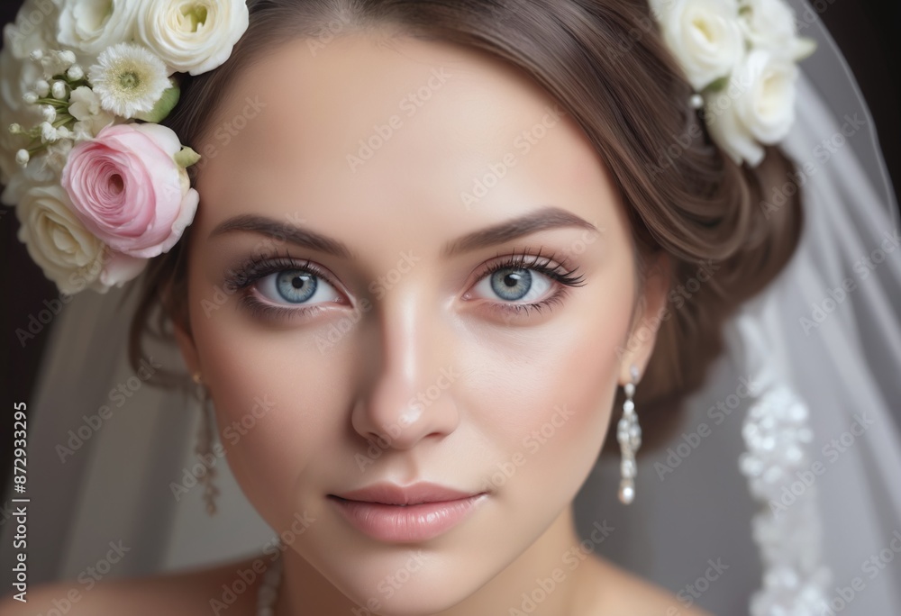 Close-up portrait of a beautiful bride with bouquet of flowers at her wedding day Close-up portrait of a beautiful bride with bouquet of flowers at her wedding day