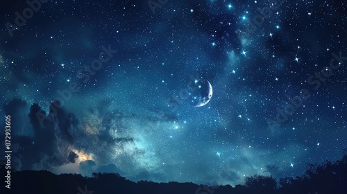 A magical night sky with glowing stars and a crescent moon, ample copy space