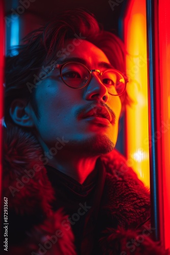 Portrait of an asian handsome young man in a red fur coat and glasses.
