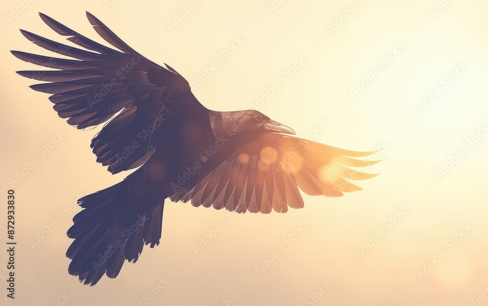 Obraz premium Crow in flight against sky close up, focus on, copy space striking details, bright sky, Double exposure silhouette with power