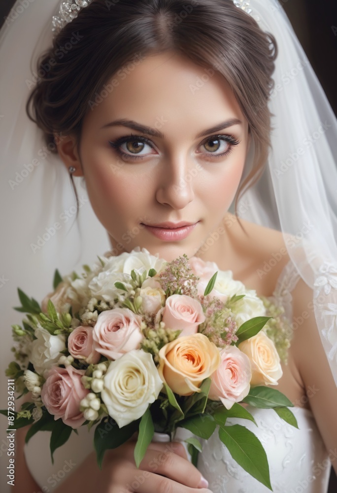 Naklejka premium Close-up portrait of a beautiful bride with bouquet of flowers at her wedding day