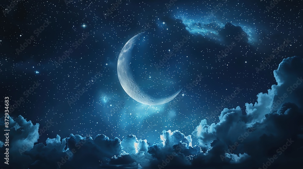 A magical night sky with glowing stars and a crescent moon, ample copy space A magical night sky with glowing stars and a crescent moon, ample copy space