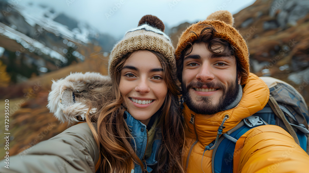 Happy couple in winter gear smiling and taking a selfie during a mountain hike with snow-capped peaks in the background. Happy couple in winter gear smiling and taking a selfie during a mountain hike with snow-capped peaks in the background.