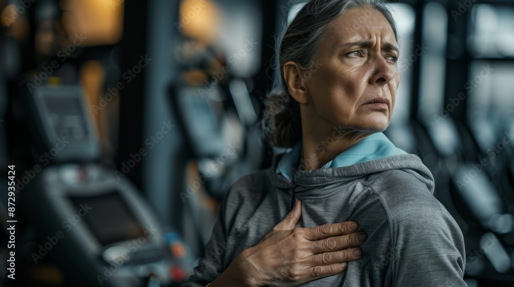 Senior woman with chest trouble after intensive gym session. Senior woman with asthma or respiratory problems during sport center exercise Senior woman with chest trouble after intensive gym session. Senior woman with asthma or respiratory problems during sport center exercise