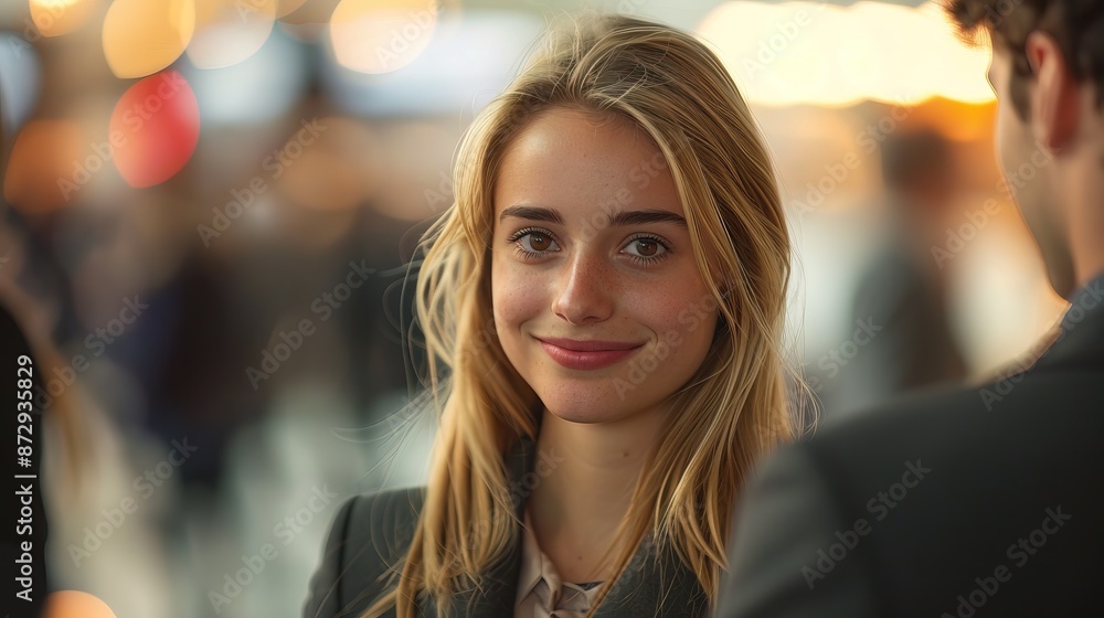 Obraz premium Blonde businesswoman handshake with bussines man, people blurred in background