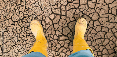 A pair of yellow boots standing on parched, cracked earth, symbolizing drought or dry conditions photo