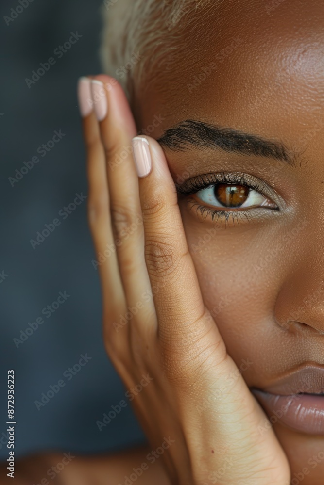 Beauty items, cosmetics, and skincare studio makeup, hands-on face, and portrait of woman. Image of girl with manicure, self-love, and luxury on gray backdrop. Beauty items, cosmetics, and skincare studio makeup, hands-on face, and portrait of woman. Image of girl with manicure, self-love, and luxury on gray backdrop.